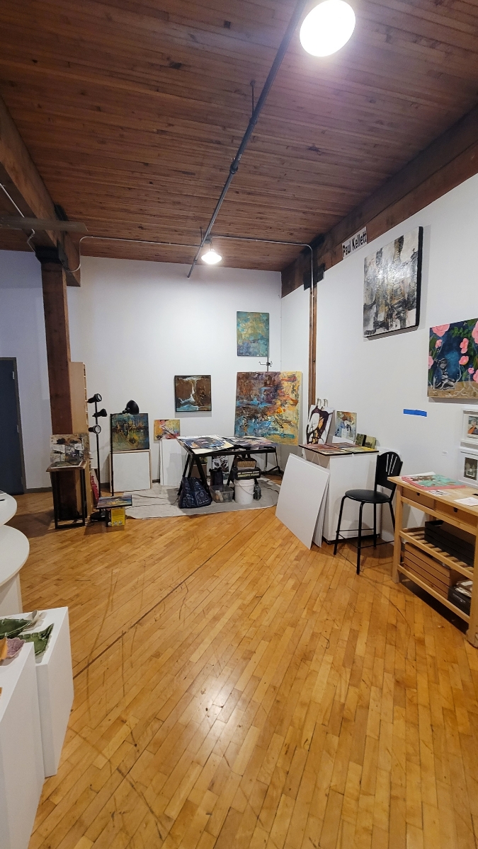 Paul Kellett's studio workspace showing creative process and art materials at Studiopolis Studio 210